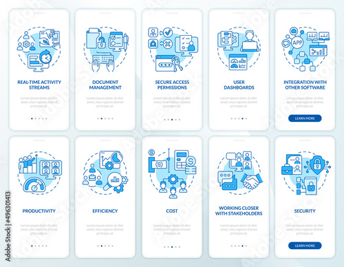 Online workplace blue onboarding mobile app screen set. Virtual office walkthrough 5 steps graphic instructions pages with linear concepts. UI, UX, GUI template. Myriad Pro-Bold, Regular fonts used