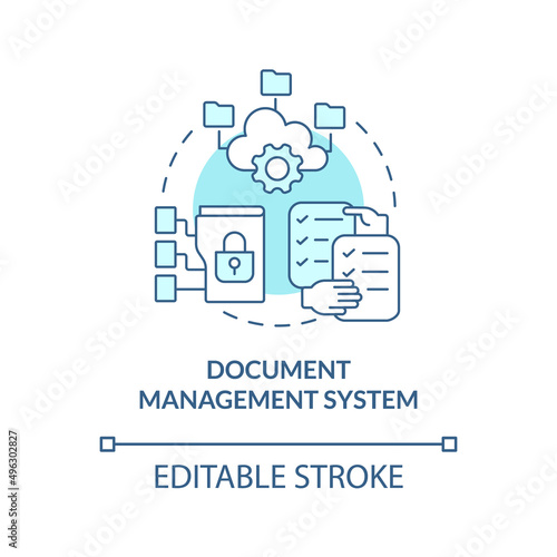 Document management system turquoise concept icon. Tool for online workplace abstract idea thin line illustration. Isolated outline drawing. Editable stroke. Arial, Myriad Pro-Bold fonts used