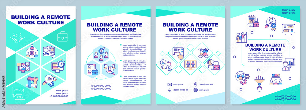 Building remote work culture mint brochure template. Online office. Leaflet design with linear icons. 4 vector layouts for presentation, annual reports. Arial-Black, Myriad Pro-Regular fonts used