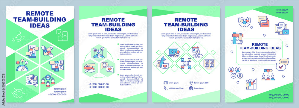 Obraz premium Remote teambuilding ideas green brochure template. Online cooperation. Leaflet design with linear icons. 4 vector layouts for presentation, annual reports. Arial-Black, Myriad Pro-Regular fonts used