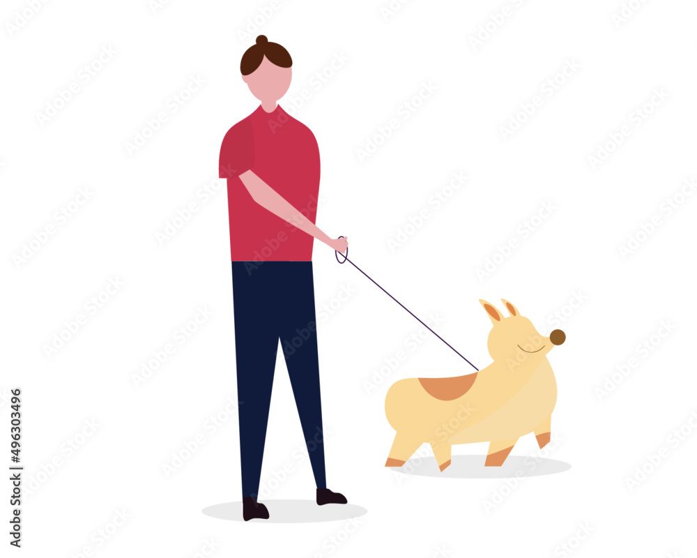 犬の散歩をする女性 外で歩く ベクターイラスト