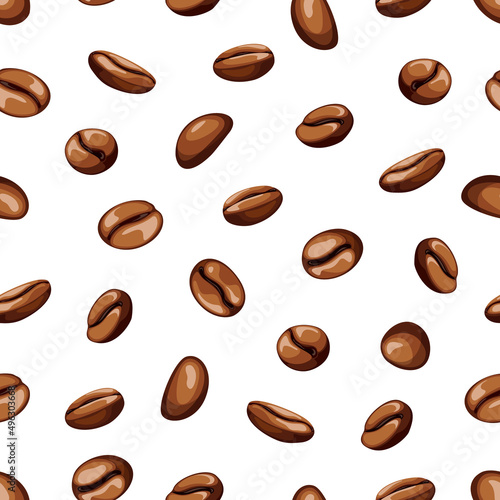 Seamless pattern of falling roasted coffee beans on a white background