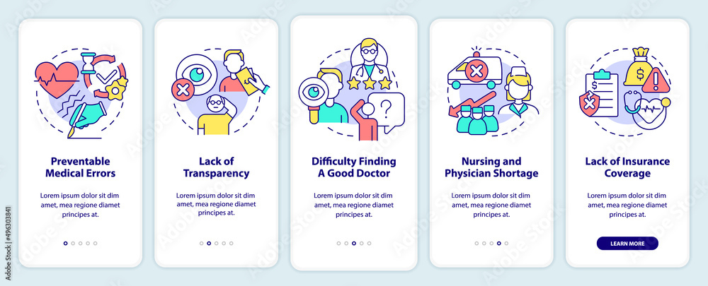 Major healthcare problems onboarding mobile app screen. Physician deficit walkthrough 5 steps graphic instructions pages with linear concepts. UI, UX, GUI template. Myriad Pro-Bold, Regular fonts used