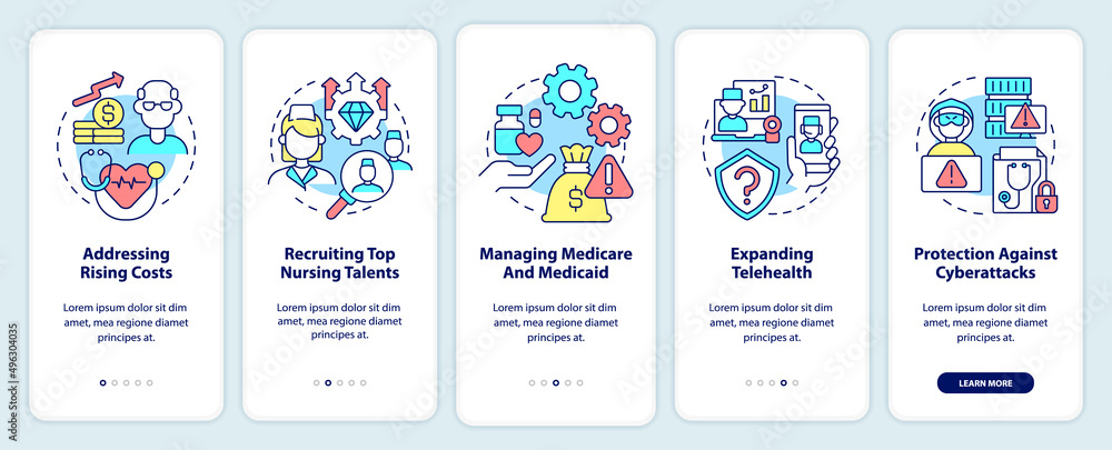 Healthcare difficulties onboarding mobile app screen. Rising costs walkthrough 5 steps graphic instructions pages with linear concepts. UI, UX, GUI template. Myriad Pro-Bold, Regular fonts used