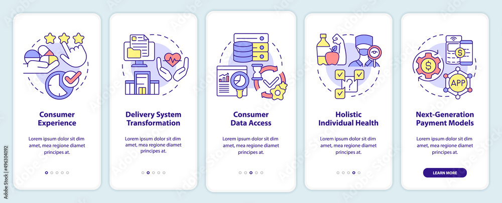 Fototapeta premium Healthcare issues onboarding mobile app screen. Holistic medicine walkthrough 5 steps graphic instructions pages with linear concepts. UI, UX, GUI template. Myriad Pro-Bold, Regular fonts used