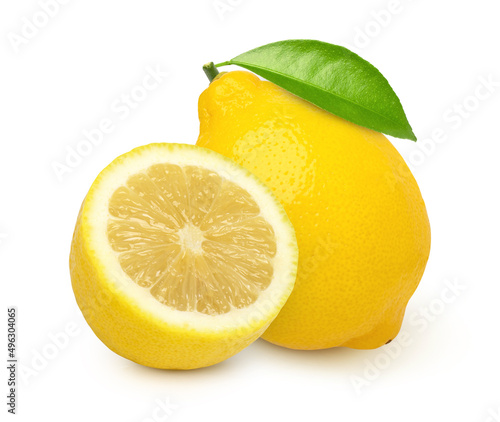 lemon fruit and half with leaves isolated on white background, Fresh and Juicy Lemon