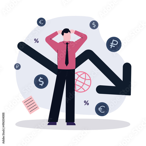 Man with falling chart. Guy shocked by economy default. Budget deficit and global crisis. Business people and investor lost money. Finance decrease