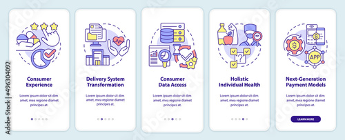 Healthcare issues onboarding mobile app screen. Holistic medicine walkthrough 5 steps graphic instructions pages with linear concepts. UI, UX, GUI template. Myriad Pro-Bold, Regular fonts used