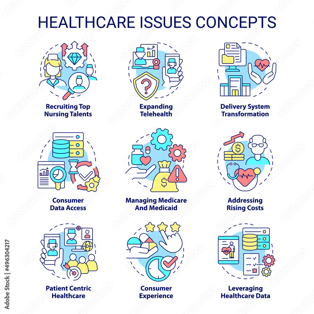 Healthcare issues concept icons set. Expanding telehealth idea thin line color illustrations. Managing medicare. Isolated symbols. Editable stroke. Roboto-Medium, Myriad Pro-Bold fonts used