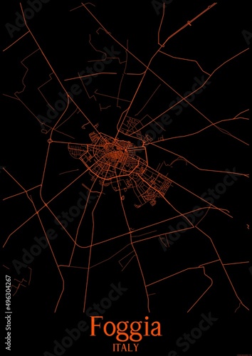 Black and orange halloween map of Foggia Italy.This map contains geographic lines for main and secondary roads.