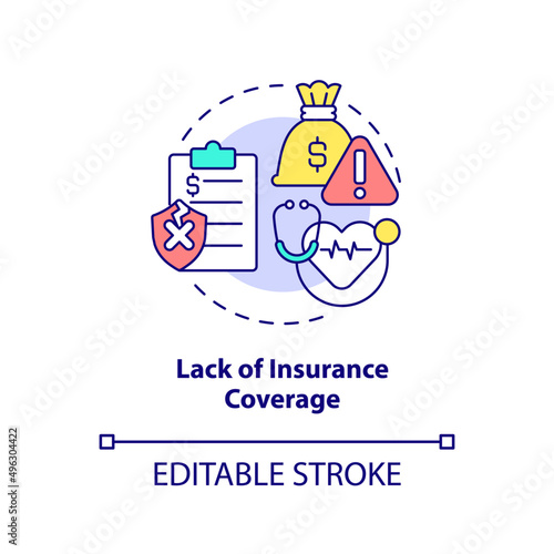 Lack of insurance coverage concept icon. Biggest problem facing healthcare abstract idea thin line illustration. Isolated outline drawing. Editable stroke. Arial, Myriad Pro-Bold fonts used