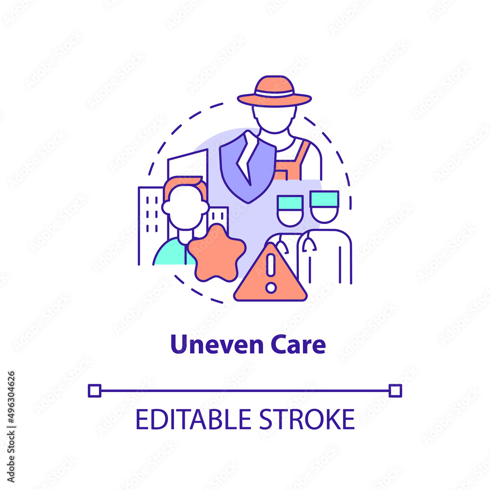 Uneven care concept icon. Lack of access to primary care factor abstract idea thin line illustration. Unequal treatment. Isolated outline drawing. Editable stroke. Arial, Myriad Pro-Bold fonts used Uneven care concept icon. Lack of access to primary care factor abstract idea thin line illustration. Unequal treatment. Isolated outline drawing. Editable stroke. Arial, Myriad Pro-Bold fonts used