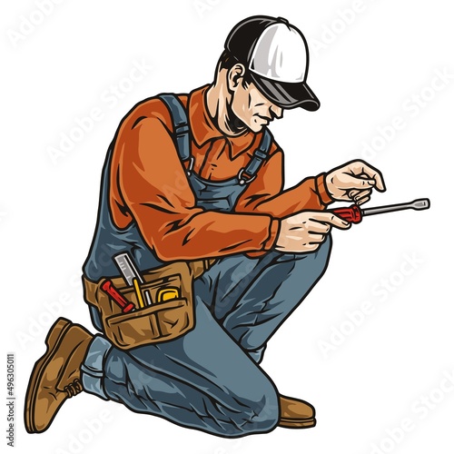 Repairman in overalls using screwdriver