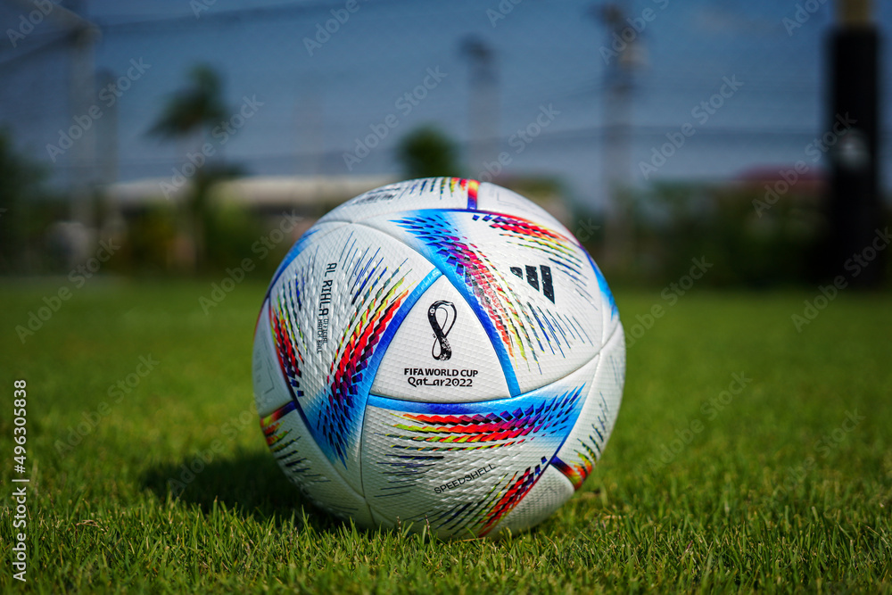 Thailand - April 2022 : Adidas launch the official match ball for Qatar  FIFA World Cup 2022 as