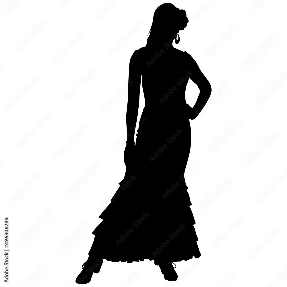 Black silhouette of flamenco dancer in beautiful dress Black silhouette of flamenco dancer in beautiful dress