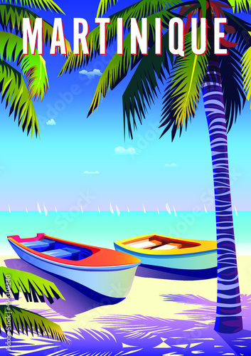 Fototapeta Naklejka Na Ścianę i Meble -  Martinique travel poster. Beautiful landscape with boats, beach, palms and sea in the background. Handmade drawing vector illustration.