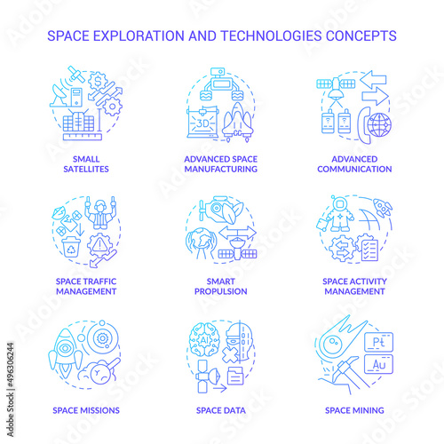 Space exploration and technology blue gradient concept icons set. Science and industry idea thin line color illustrations. Isolated symbols. Editable stroke. Roboto-Medium, Myriad Pro-Bold fonts used