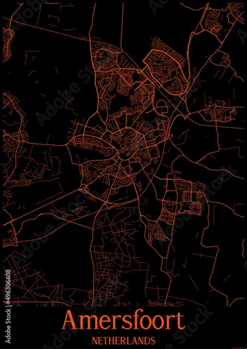 Black and orange halloween map of Amersfoort Netherlands.This map contains geographic lines for main and secondary roads.