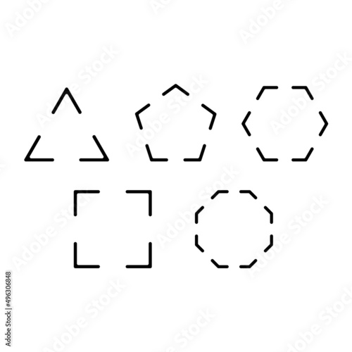 Rounded edge shape. Triangle, square, pentagon, hexagon, octagon with a gap in the line. Vector sign with line break.