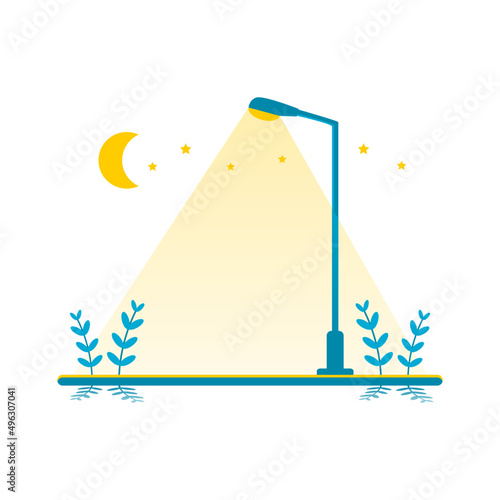 Streetlight lamp poles illumination at night time in the park with moon stars on white background flat icon vector design.
