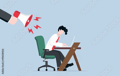 Working under pressure, challenging project deadline, time management efficiency, or career responsibility. Employee rush to complete work as scheduled when boss send warning sound through megaphone.