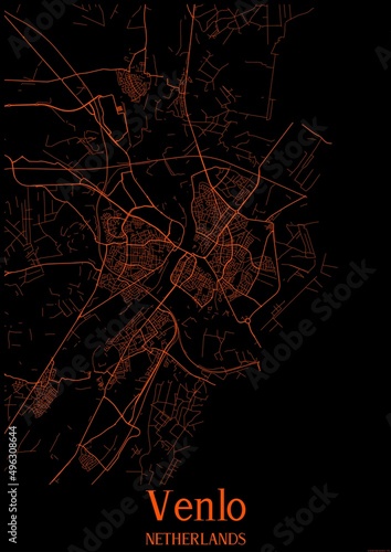 Black and orange halloween map of Venlo Netherlands.This map contains geographic lines for main and secondary roads.