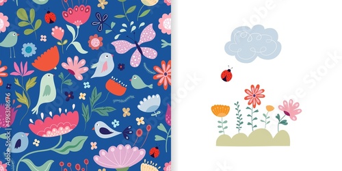 Spring and summer set with floral seamless pattern, wallpaper, background and greeting card with seasonal design