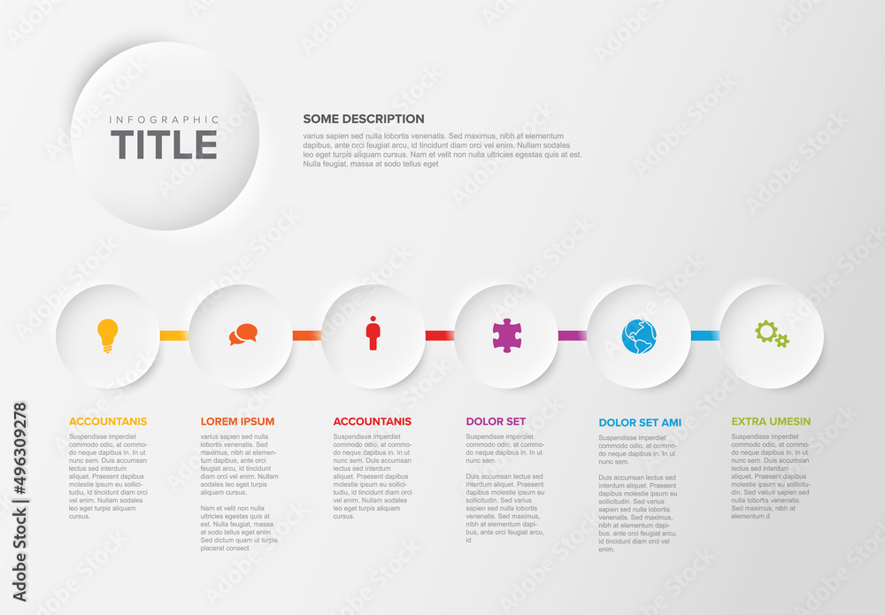 Six white circle relief steps timeline process infographic - obrazy, fototapety, plakaty 