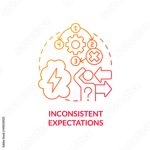 Inconsistent expectations red gradient concept icon. Gaslighting. Unhealthy environment. Toxic leader trait abstract idea thin line illustration. Isolated outline drawing. Myriad Pro-Bold fonts used