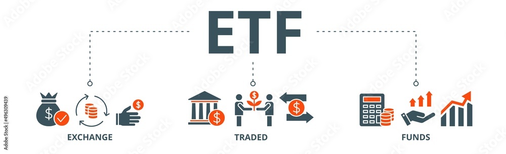 ETF banner web icon vector illustration concept Exchange Traded Funds Stock Market Investment with icon of money, cash flow, trading, transaction, bank, accounting, and growth ETF banner web icon vector illustration concept Exchange Traded Funds Stock Market Investment with icon of money, cash flow, trading, transaction, bank, accounting, and growth