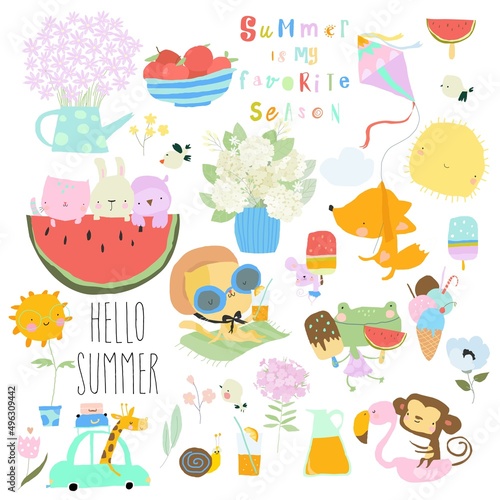 Cute Cartoon Set with Funny Animals meeting Summer