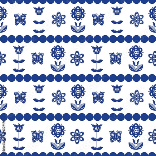 Seamless pattern in scandinavian style with flowers and butterflies. Fashionable interior design