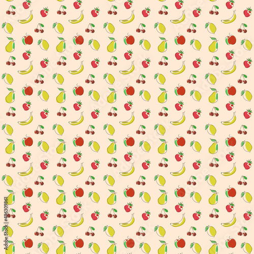 Fruits line pattern with banana, apple, pear, lemon. strawberry, cherry