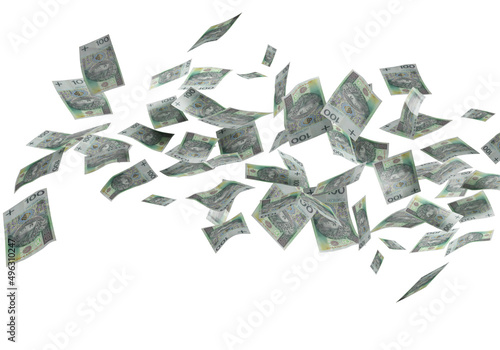 Flying polish 100 zloty banknotes isolated on white background.