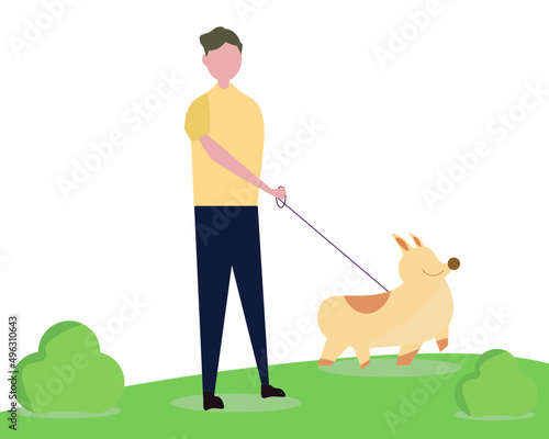 Man is walking with a dog at the park. Vector illustration