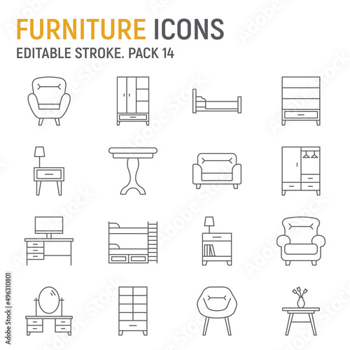 Furniture line icon set, home room collection, vector graphics, logo illustrations, furniture vector icons, interior signs, outline pictograms, editable stroke