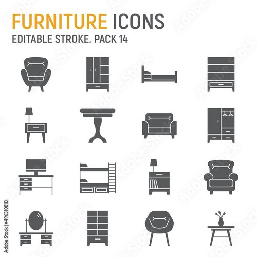 Furniture glyph icon set, home room collection, vector graphics, logo illustrations, furniture vector icons, interior signs, solid pictograms, editable stroke