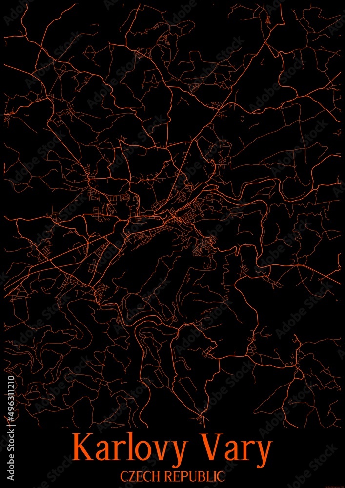 Black and orange halloween map of Karlovy Vary Czech Republic.This map contains geographic lines for main and secondary roads.