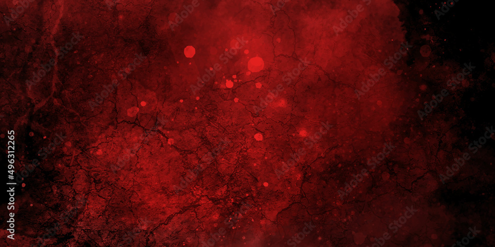 Red background with texture and distressed vintage grunge and watercolor paint stains in elegant Scary Grunge Background. Abstract red background with texture grunge, old vintage paint spatter, black.