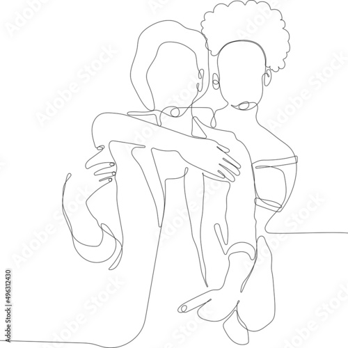 Continuous drawing of a line of a friendshipe portrait of two girls hugging. Vector illustration. One continuous line is a concept. 