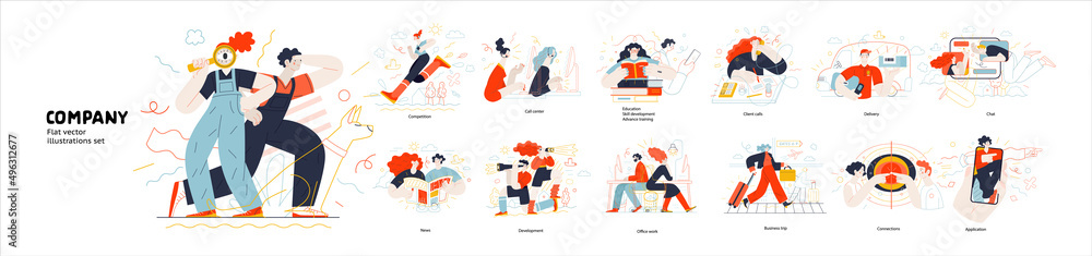 Business topics, company - modern outlined flat vector concept ...
