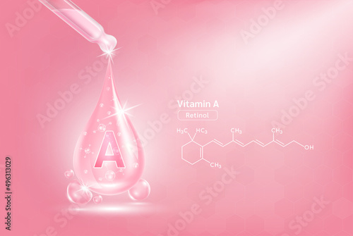 Vitamin A serum liquid gel in dropper and structure. Cream collagen complex with chemical formula from nature skin care vitamins. On pink background 3D realistic vector. Medical scientific concept.