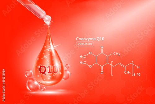 Coenzyme q10 serum liquid gel in dropper and structure. Cream collagen complex with chemical formula from nature skin care vitamins. On red background 3D realistic vector. Medical scientific concept.