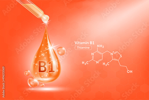 Vitamin B1 serum liquid gel in dropper and structure. Cream collagen complex with chemical formula from nature skin care vitamins. On orange background 3D realistic vector. Medical scientific concept.