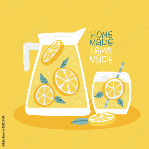 Banner for homemade lemonade with Jug of fresh citrus drink and Glass of tasty lemon beverage. Still life food with fresh juicy bright lemons slices. Flat hand drawn vector illustration with lettering