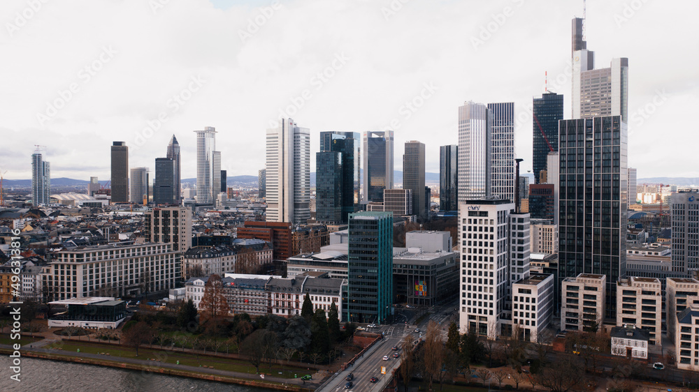 Aerial view: business center skyscraper in the center of Frankfurt