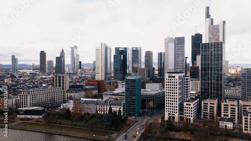 Aerial view: business center skyscraper in the center of Frankfurt