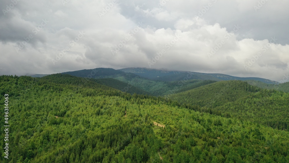 Aerial view: Carpathian mountains in western Ukraine, mountain landscape