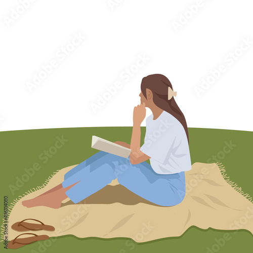 Girl reading a book and resting on a picnic in the park. Flat vector illustration.