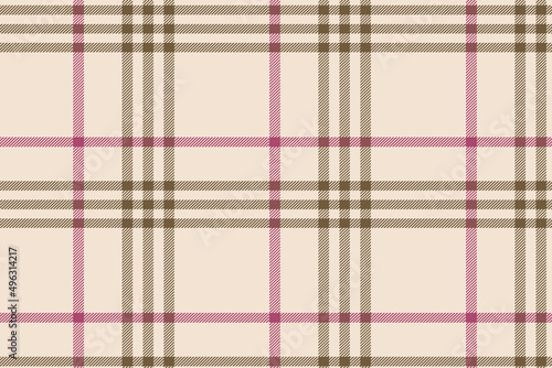 Plaid check pattern in tan beige, grey and white. Seamless fabric texture print.
